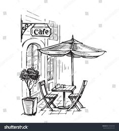 an outdoor cafe with tables and umbrellas on the street hand drawn illustration in ink