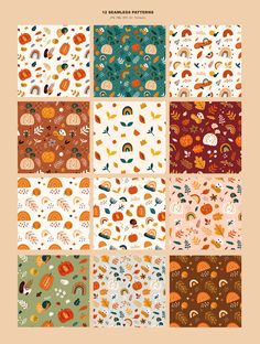 six different patterns with pumpkins, leaves and other things on them in various colors