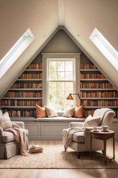 Attic Room Makeover into a library with cozy reading chairs Cool Attic Rooms, Attic Conversion, Attic Room, Attic Bedrooms, Loft Room, Attic Bedroom, Attic Rooms, Vaulted Ceilings, Dream Spaces