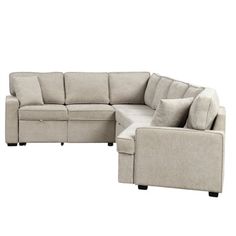 a sectional couch with pillows on it and a reclining chair in front of it