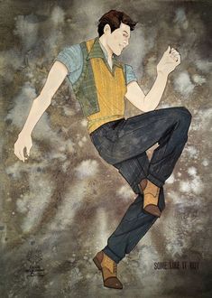 a drawing of a man in jeans and yellow shirt doing a trick with his hands