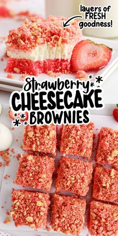 These three layer strawberry cheesecake brownies start with a box of strawberry cake mix, followed by a layer of cream cheese frosting, and are topped with a strawberry crunch that is sweet and delicious. Strawberry Cobbler Cheesecake, Strawberry Vanilla Oreo Dessert, Strawberry Cheesecake Smores, No Bake Simple Desserts, Cheesecake Sandwiches With Strawberry Dip, Easy Bake Cake Recipes, Strawberry Lemonade Desserts, Mini Strawberry Crunch Cheesecake, Strawberry Cheesecake Brownies Recipe