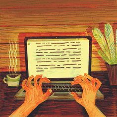 two hands are typing on a laptop with a potted plant in the back ground