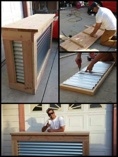 four pictures showing how to build a diy storage bench