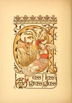 an old book with a woman sitting in the grass next to a deer and bird