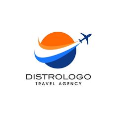 an airplane flying over the sun logo design for travel agency or business, with orange and blue colors