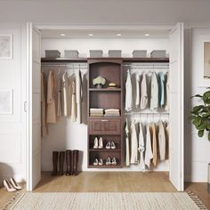 an open closet with shoes and clothes hanging on the wall, next to a potted plant