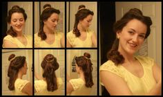 How to do Belle's hair. Step by step and video. I'm 90% sure I will need this for Halloween one year. Belle Hairstyle Disney, Top 10 Halloween Costumes, Belle Hair, Ball Hair, Belle Hairstyle, Ballroom Hair, Belle Costume, Parted Bangs, Disney Hair