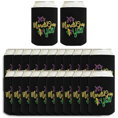 six black can coolers with mardi gras designs