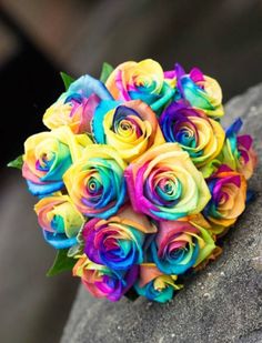 a bouquet of colorful roses sitting on top of a stone wall next to an instagram post