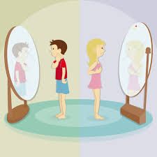 two people standing in front of three mirrors