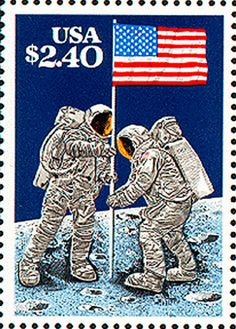 the postage stamp shows two astronauts on the moon, with an american flag in the background