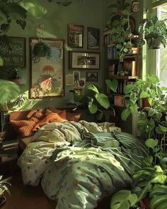 a bedroom with green walls and lots of plants