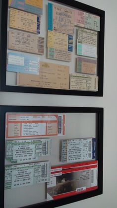 two framed pictures with different types of tickets hanging on the wall next to each other