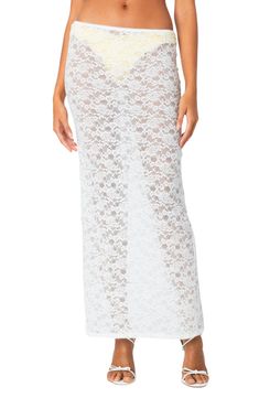 Complete your festival looks with this sheer lace maxi skirt that has a back vent for easy movement. Pull-on style Back vent Sheer 95% polyester, 5% spandex Machine wash, dry flat Imported Summer Party Bottoms With Delicate Lace, Fitted Summer Bottoms With Delicate Lace, Fitted Summer Skirt With Delicate Lace, Summer Fitted Skirt With Delicate Lace, Fitted Bottoms With Delicate Lace For Summer, Lace Long Skirt For Beach, Fitted Bohemian Lace Maxi Skirt, Fitted Delicate Lace Skirt For Summer, White Delicate Lace Skirt For Summer