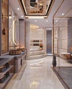 an elegant bathroom with marble floors and gold trimmings on the ceiling is shown