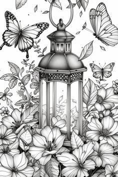 a black and white drawing of a lantern surrounded by flowers with butterflies in the background