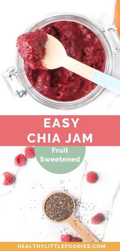 a spoon full of fruit jam with the words easy chia jam in front of it