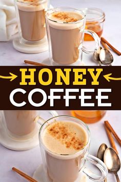 two cups of honey coffee with cinnamon on the side