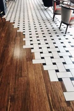 Hexagon Tiles To Wood Floor Transition, Wood To Tile Transition Open Concept, Tile In Wood Floor, Open Floor Plan Flooring Transition, Kitchen Flooring Transition, Tile And Hardwood Floor Combination, Flooring Transition Ideas Open Concept, Wood To Tile Transition, Tile To Hardwood Transition