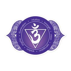 a purple sticker with the symbol of yoga and an image of a chakrah