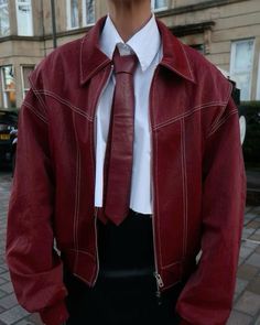 Red Leather Jacket - Red Tie - White Shirt -- A red Fall #fall24 #falloutfit #red #shirt&tie Red Outfit Ideas Men, Red Suit Outfit, Red Suit Men, Red Suit Jacket, Tie Outfit, Spiritual Fashion, Spring Photoshoot, Street Fashion Men Streetwear, Leather Jacket Outfits