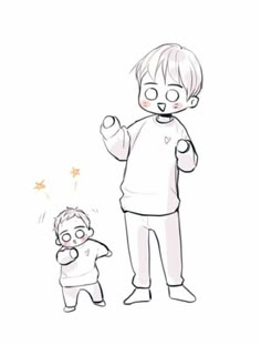 a drawing of a boy standing next to a small child with one hand on his hip