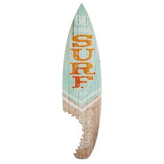 a wooden surfboard with the words big shark on it