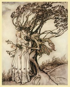 a drawing of two women standing next to a tree