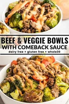 beef and veggie bowls with cheesy broccoli are an easy weeknight meal