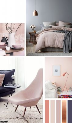 a collage of pink and grey bedroom decor