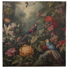 a painting with birds and flowers on it