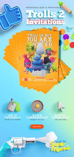 an advertisement for toys and other items on a blue background with the words trolls 2 in