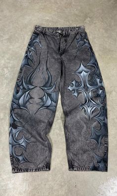 1 of 1 Custom Painted Jeans Painting On Sweatpants, Hand Painted Pants Ideas, Spray Painted Jeans, Painting On Pants, Painting On Jeans, Custom Painted Jeans, Clothes Paint