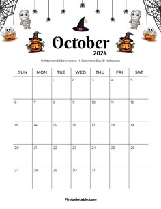 the october calendar with pumpkins and witches on it