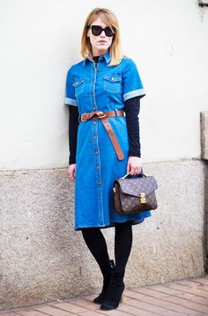 Dress Tights And Boots Outfit, Dresses With Tights And Boots, Denim Dress Outfit, Denim Dress Summer, Ruffles Fashion, Tights And Boots, Denim Shirt Dress, Spring Fashion Trends, Looks Style