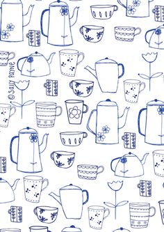 teapots and cups are drawn in blue ink