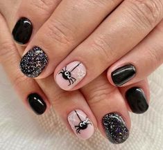 Halloween Short Dipped Nails, Halloween Mani Pedi, Non Traditional Halloween Nails, Halloween Nails Spiders, Black Gel Manicure Short, Black And Colorful Nails, Small Halloween Nails, Kids Halloween Nail Designs, October November Nails