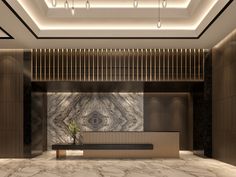 an elegant lobby with marble walls and flooring is lit by recessed light fixtures