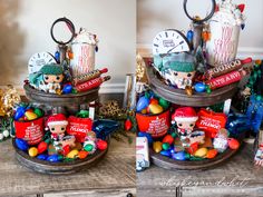 two pictures of christmas decorations on top of a wooden table with candy and candies