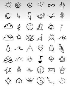 various hand drawn symbols are shown on a white background, including the sun and clouds