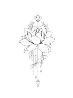 a drawing of a lotus flower with feathers on it's head and an arrow in the center