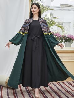 SHEIN Najma Chevron Print Pompom Trim Lantern Sleeve Coat & Belted Dress | SHEIN USA New Hijab Style, Eastern Dresses, Long Cardi, Outfits Modest, Cotton Long Dress, Trendy Dress Outfits, Designer Dresses Casual, Muslim Fashion Outfits