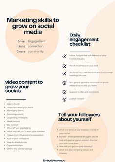 an info sheet with the words marketing skills to grow on social media