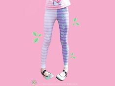 "Pastel Leaf Print Leggings in Lilac and Pink with Stripes, ContrastingPastel Green Elasticated Waist Band and Black Top Stitching. Super Stretchy. Material is Polyester and Spandex We designed these to be mixed n matched with our 'Sloth Life' Tee and other products from this range to create the ultimate Kawaii wardrobe must have!  See Video for Garment fit. Our model is 152cm (5 Foot) Tall. 23\" Waist. 30.5\" Hips and Wears the 2XS  Garment Details:  - Fabric Composition. 94% Polyester 6% Spand Kawaii Wardrobe, Decora Fashion, Sloth Life, Pink Gym, Garment Details, Half And Half, Print Leggings, Kawaii Clothes, Leaf Print