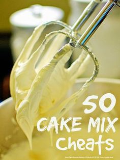 a mixer with the words so cake mix treats