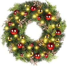 a christmas wreath with red and gold ornaments