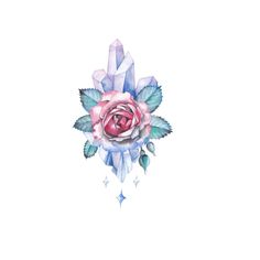 a watercolor drawing of a pink rose with leaves and diamonds on the bottom corner