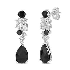 Add bold sparkle to your look with these stunning drop earrings. Crafted in sterling silver, these earrings each feature a cascading design of created white sapphire round and black onyx gemstones that is punctuated at the bottom with an exquisite pear-shaped black onyx. These earrings measure 30.2mm in length and 7.3mm in width. Black Cubic Zirconia Fine Jewelry Earrings, Black Diamond Accent Earrings For Wedding, Elegant Black Diamond Drop Earrings, Black Earrings With Diamond Accents For Wedding, Black Diamond Earrings For Wedding, Black Wedding Earrings With Diamond Accents, Elegant Black Diamond Earrings In Sterling Silver, Formal Earrings With Black Diamonds And Cubic Zirconia, Formal Cubic Zirconia Earrings With Black Diamonds