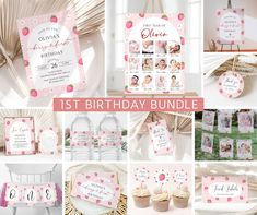 a collage of photos with pink and white items on them, including cupcakes